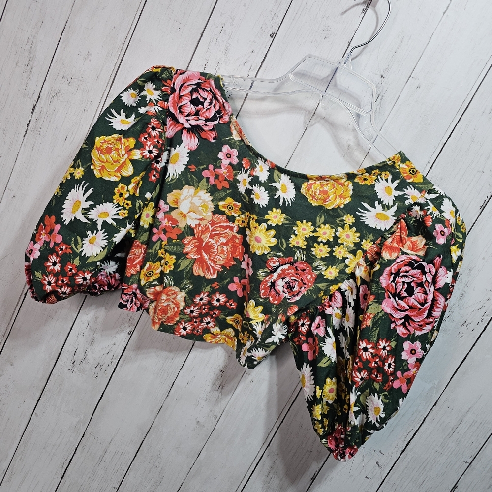 Zara Women's Prin Floral Crop Top Puff Sleeves Smocked Back Boho Size Small. - Picture 3 of 8